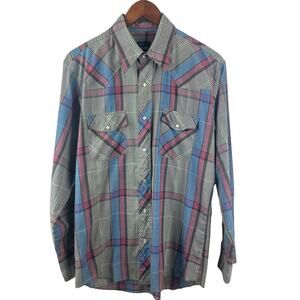 Vintage Wrangler Western Shirt Check Plaid Pearl Snap Medium 15 1/2 Button Down